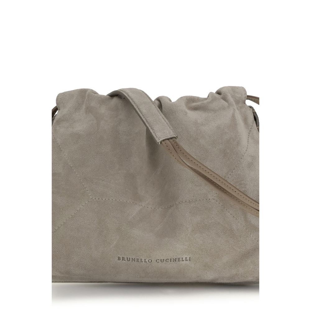 Brunello Cucinelli BC Duo Pouch Bag in Gray Suede with Monili