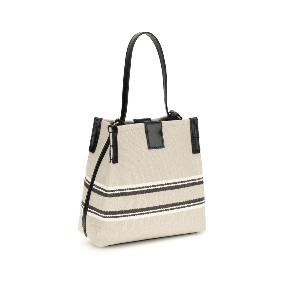 Balmain Release Bucket Bag in Beige Canvas & Calfskin