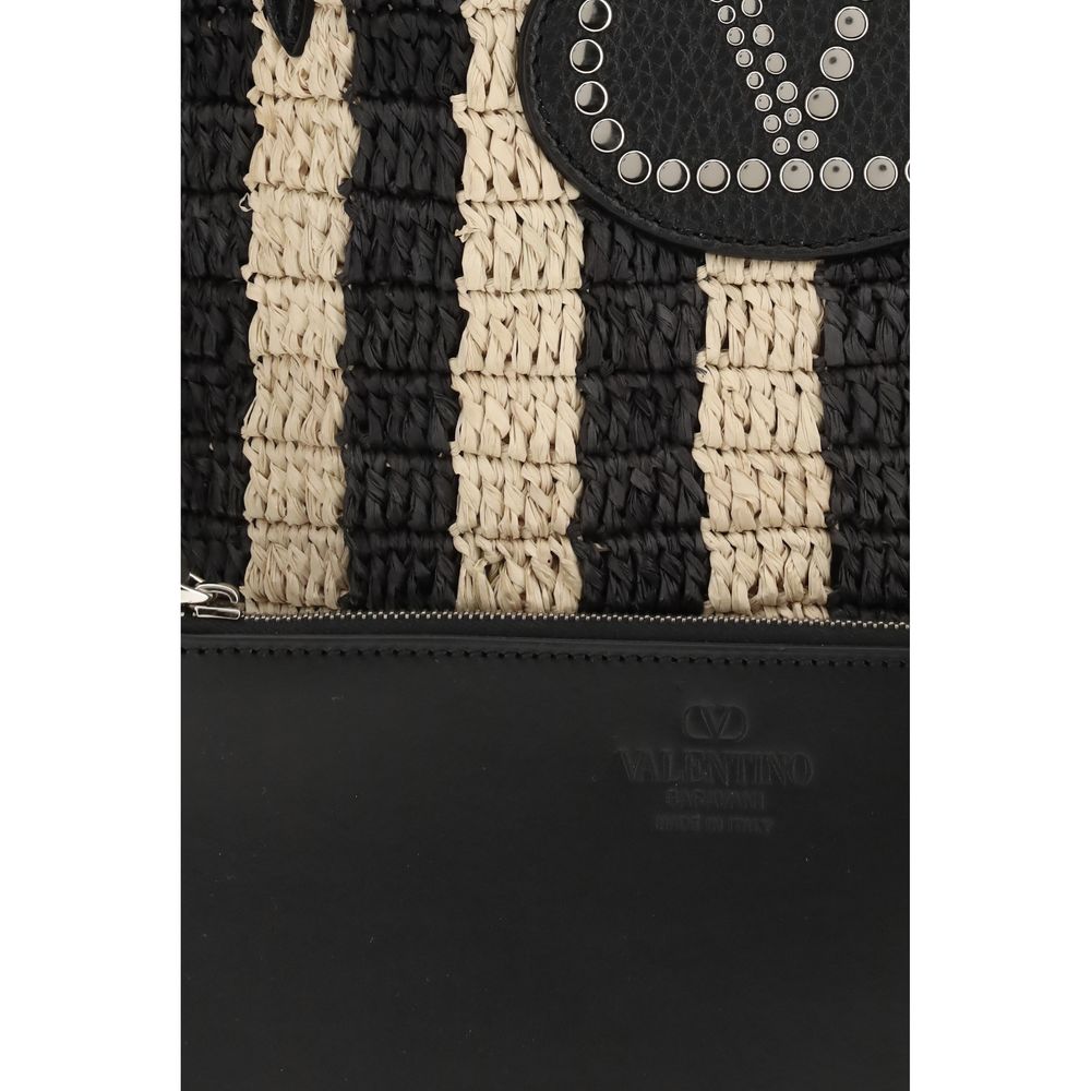 Valentino Garavani Striped Raffia Shopping Bag - Natural / Black