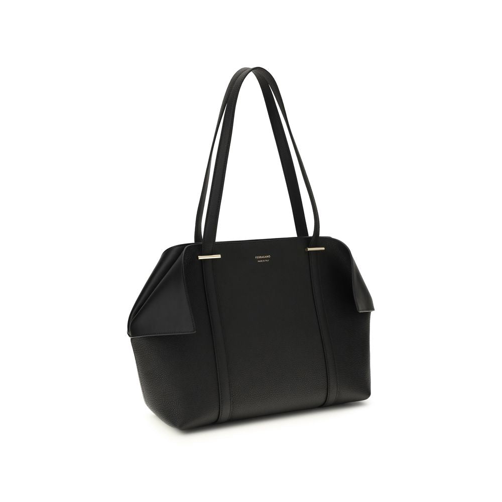 Ferragamo Folded Medium Tote Bag - Black Calfskin Leather