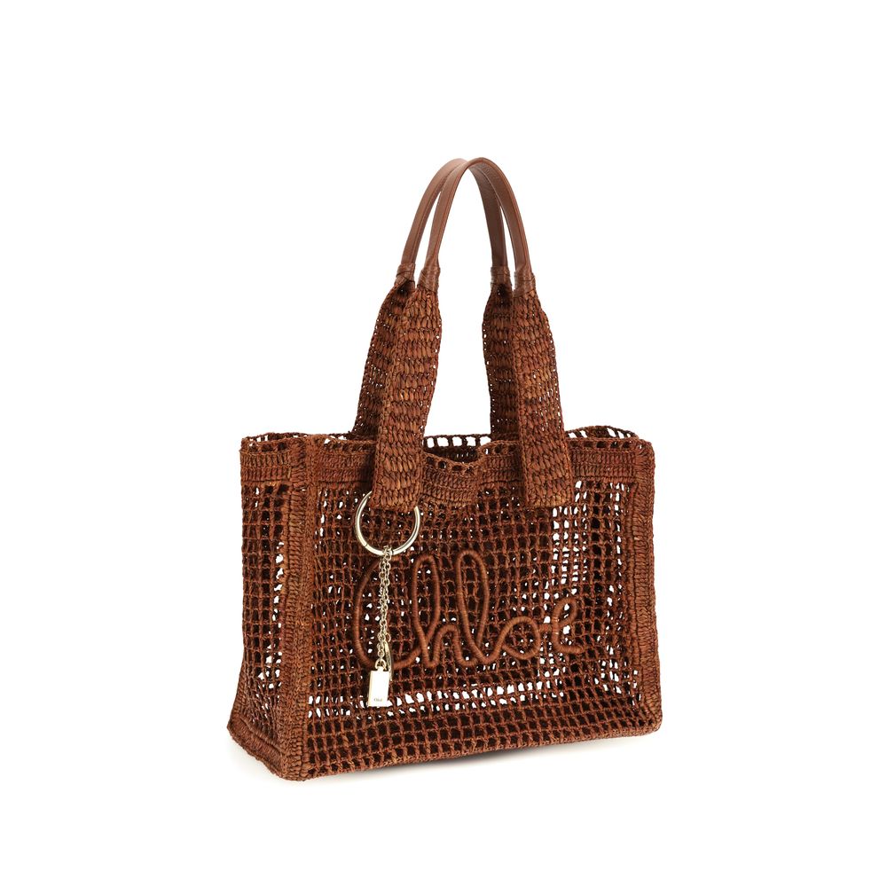 Chloé Summer Banana East-West Tote Bag in Raffia - Dark Brown