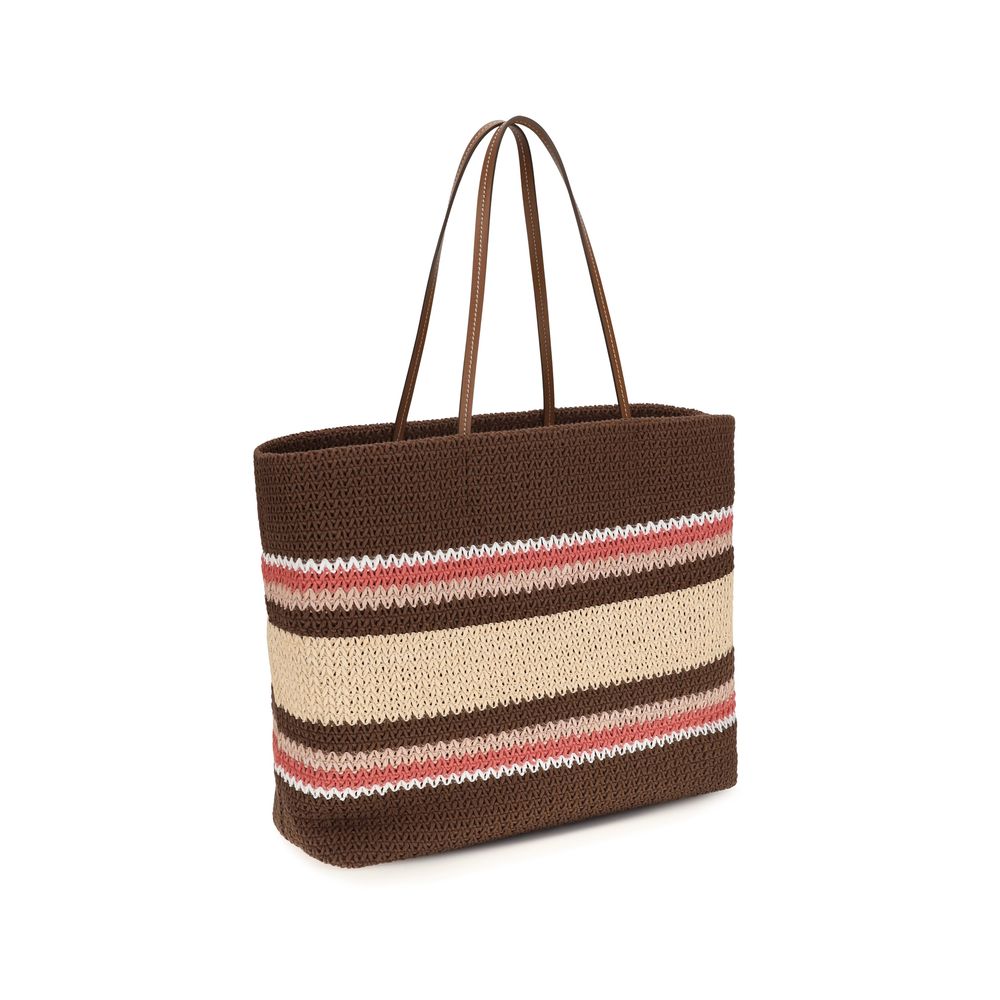 Miu Miu Raffia-Effect Striped Tote Bag - Tobacco / Strawberry / Natural