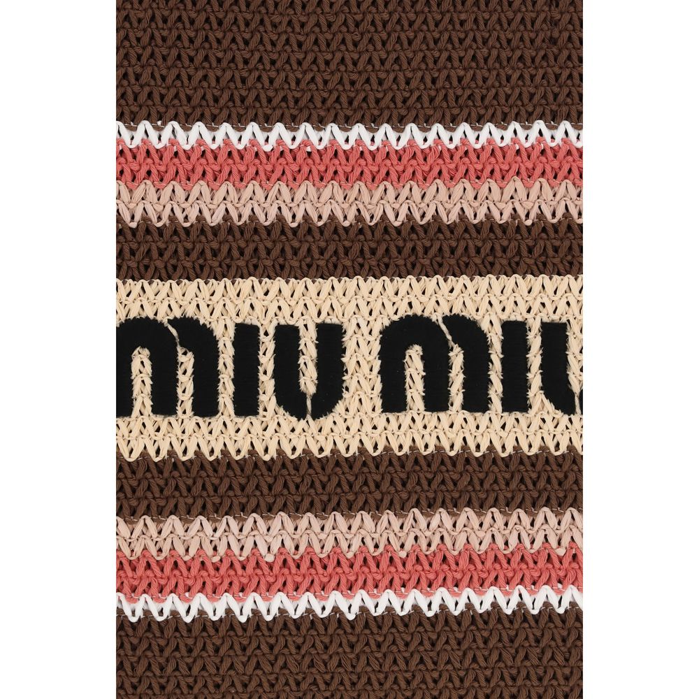 Miu Miu Raffia-Effect Striped Tote Bag - Tobacco / Strawberry / Natural
