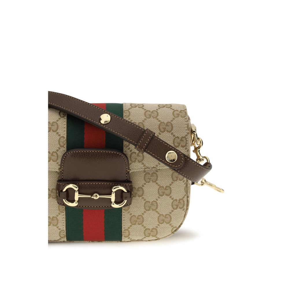 Gucci Horsebit 1955 Small Shoulder Bag - Sand and Brown GG Canvas