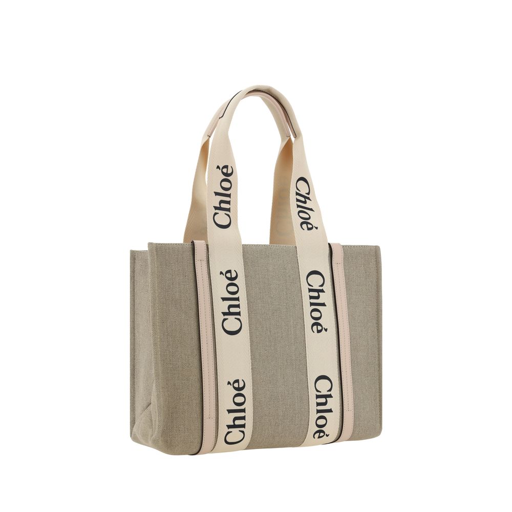 Chloé Woody Medium Tote Bag in Linen - Cement Pink