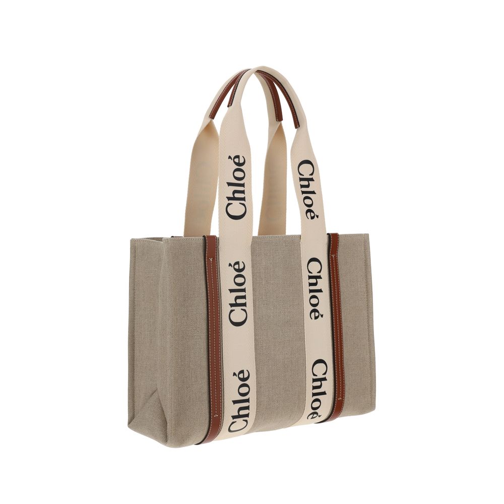 Chloé Woody Medium Tote Bag in Linen - White and Brown