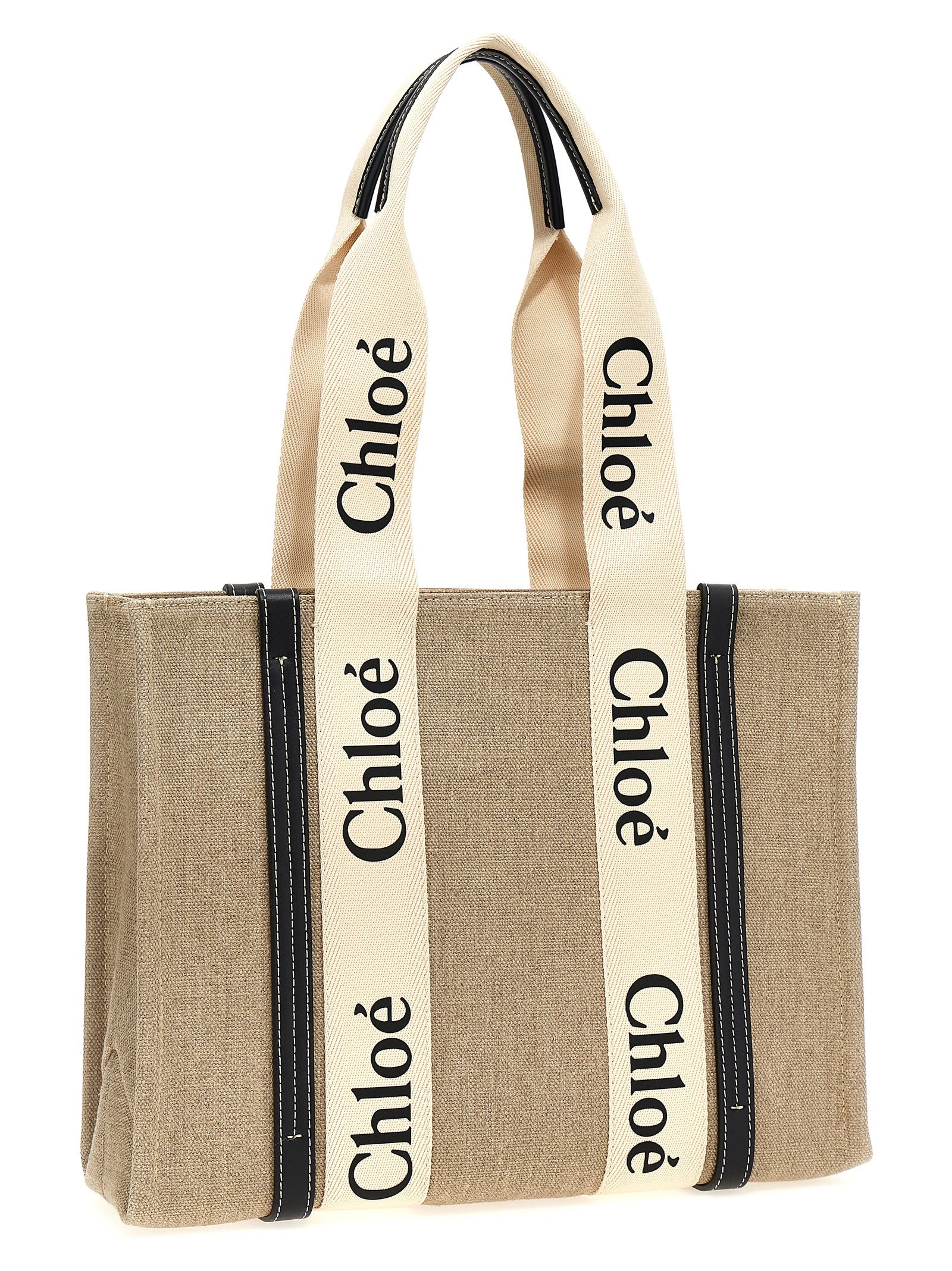 Chloé Woody Medium Tote Bag in Linen - White and Blue