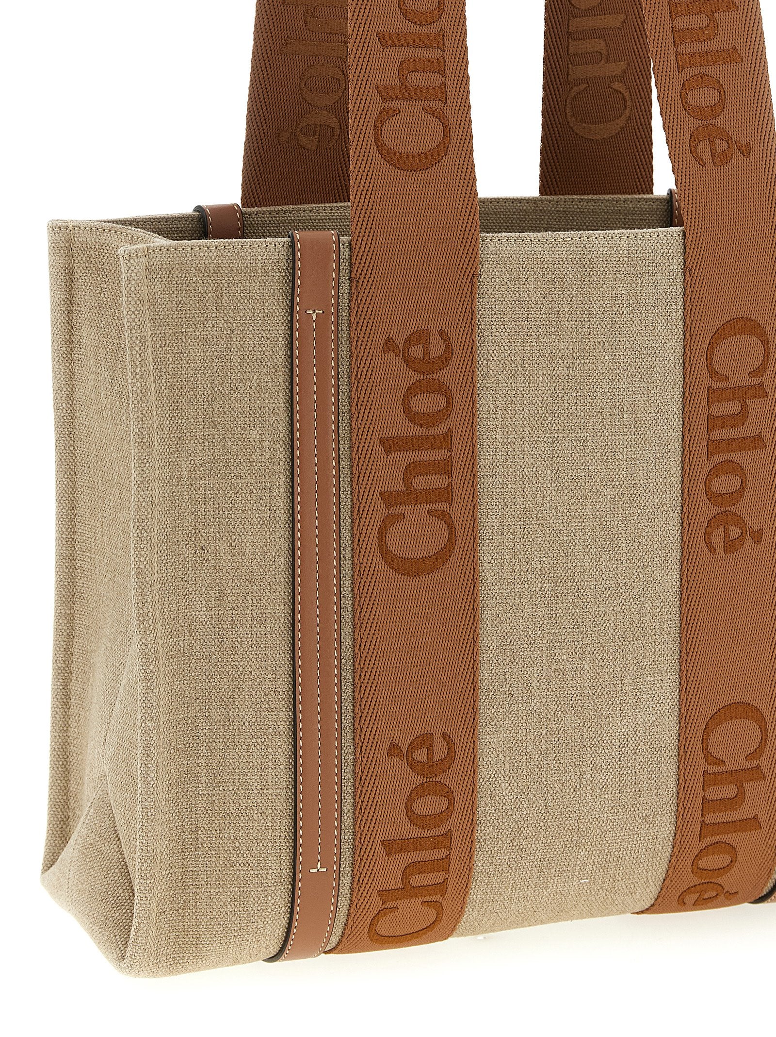 Chloé Woody Medium Tote Bag in Linen - Dusty Tan