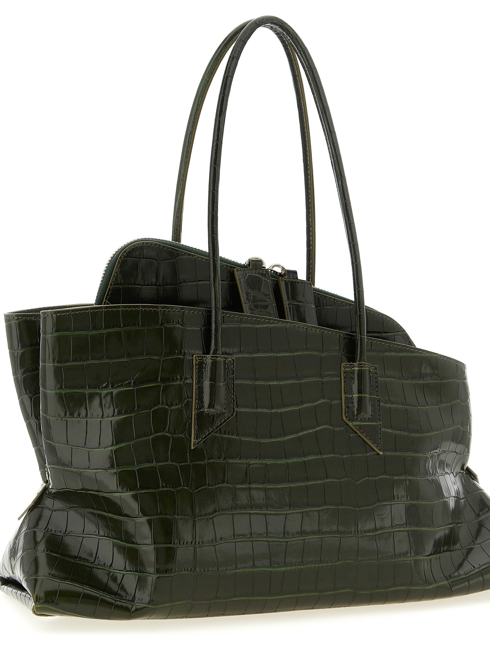 The Attico La Passeggiata Medium Top Handle - Dark Green Croc-Embossed Calfskin
