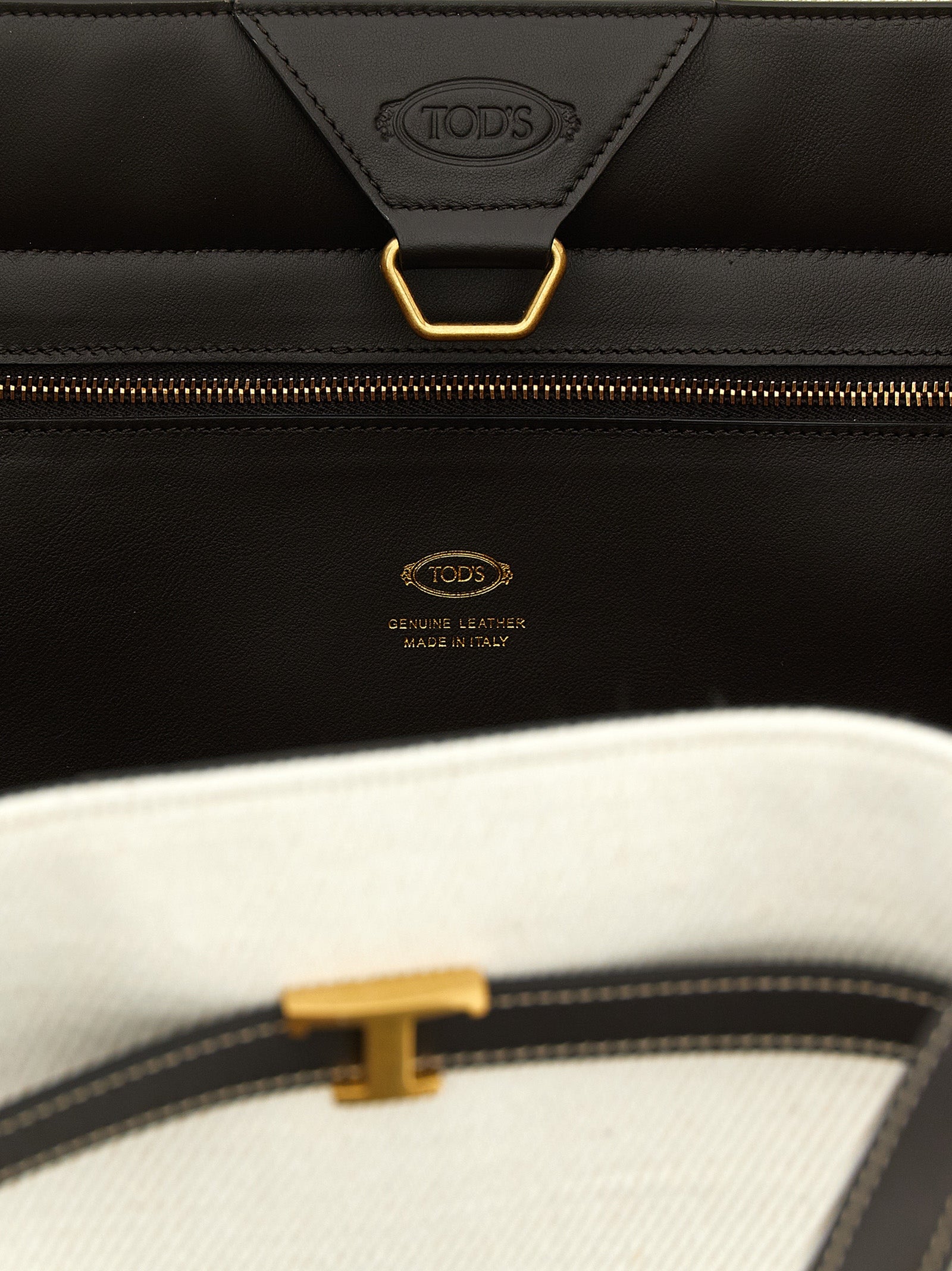 Tod's T Signature Medium Shopping Bag - White Canvas and Brown Leather