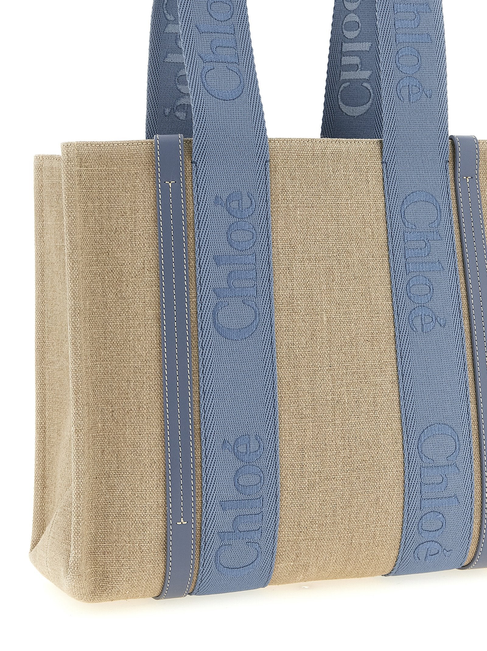 Chloé Woody Medium Tote Bag in Linen - Ashes Blue