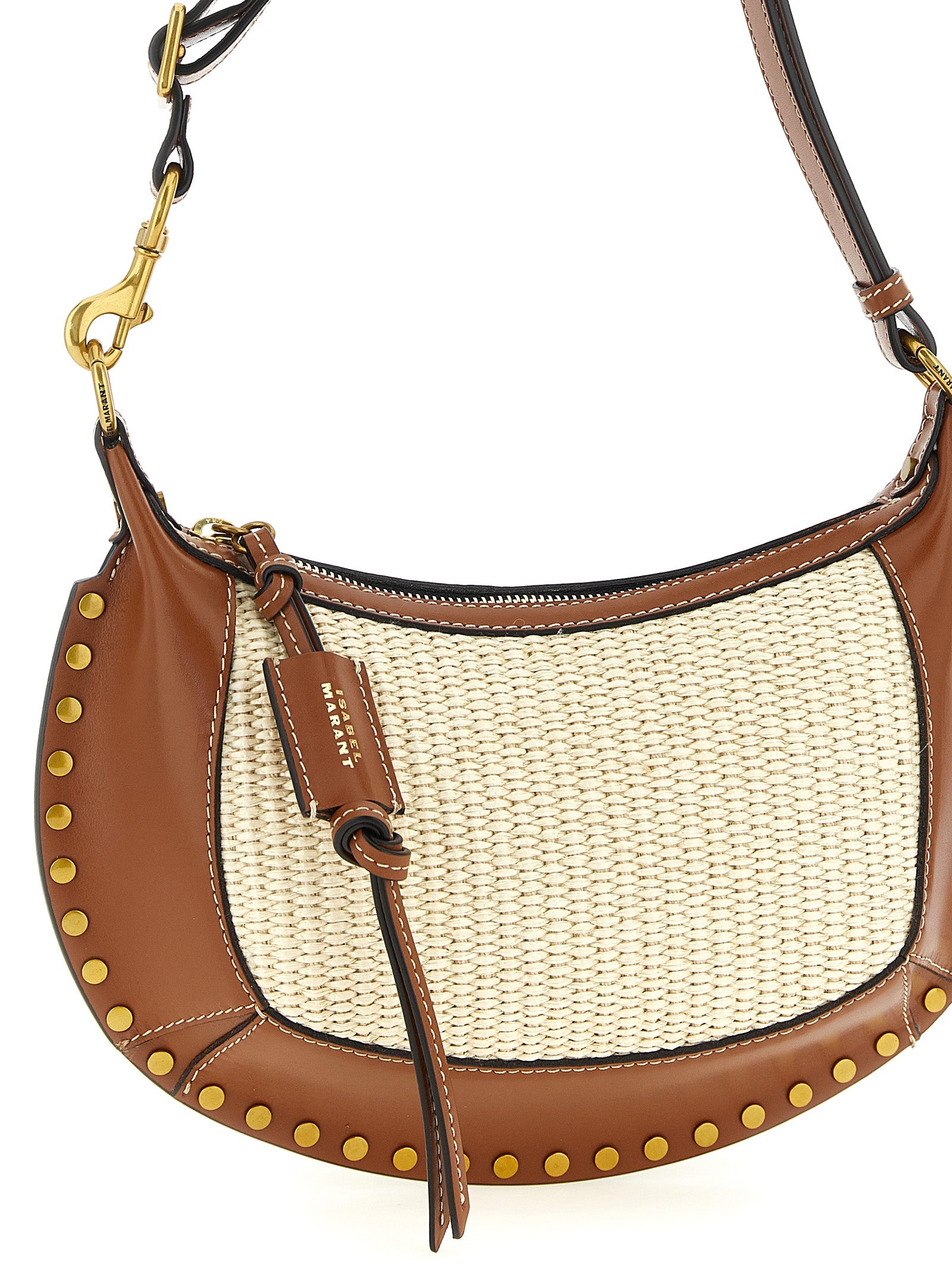 Isabel Marant Oskan Moon Shoulder Bag - Natural Raffia and Cognac