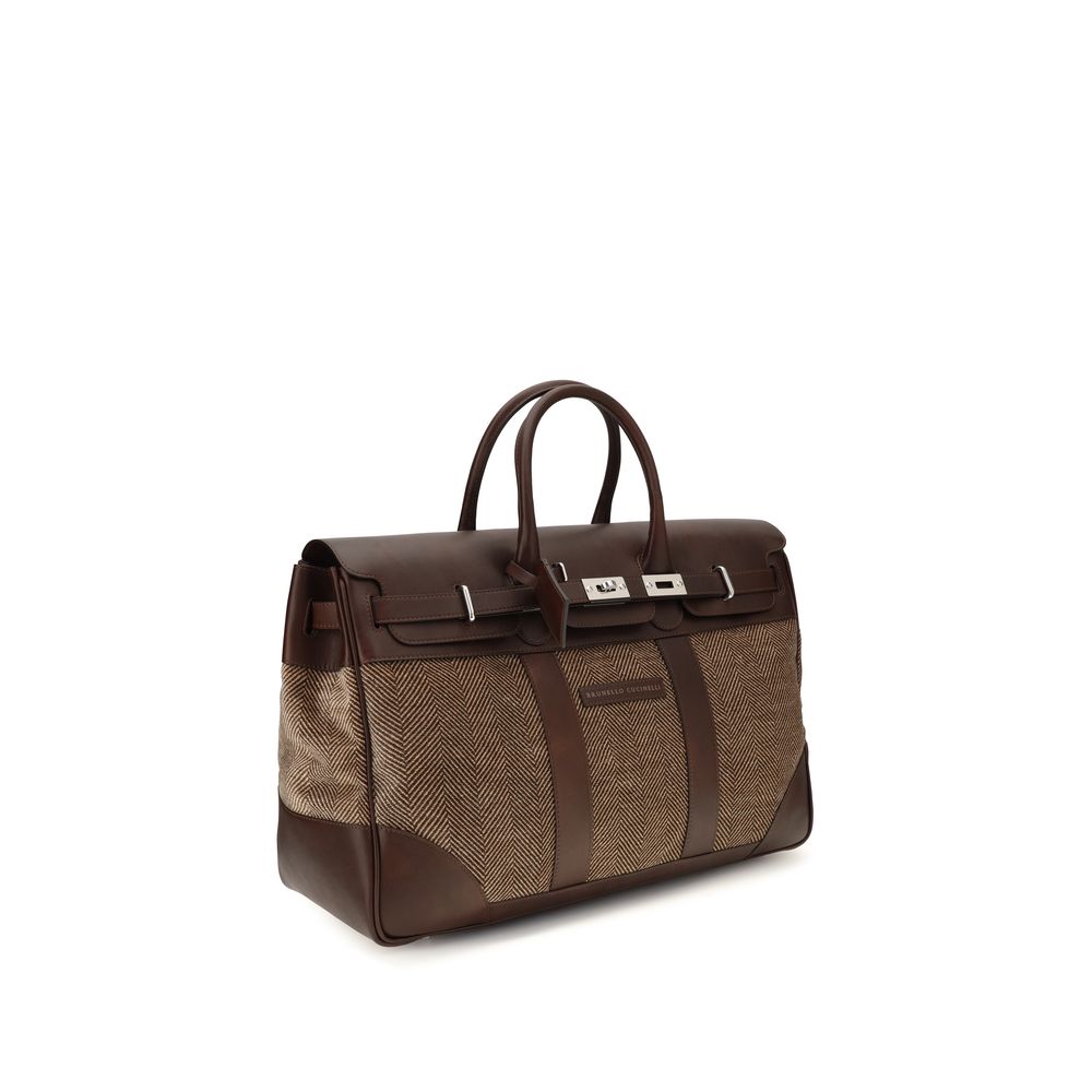Brunello Cucinelli Country Bag - Burnished Calfskin and Chevron-Effect Techno Fabric