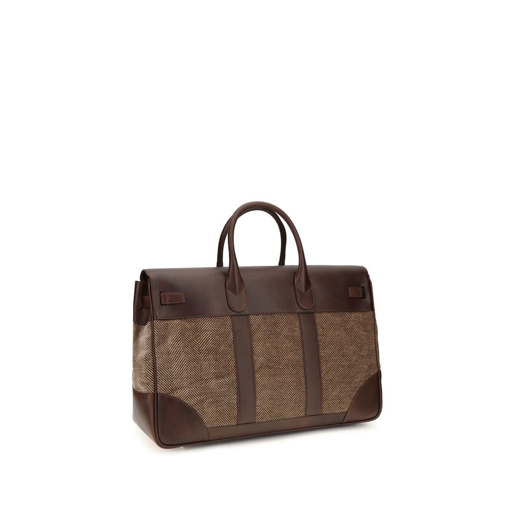 Brunello Cucinelli Country Bag - Burnished Calfskin and Chevron-Effect Techno Fabric