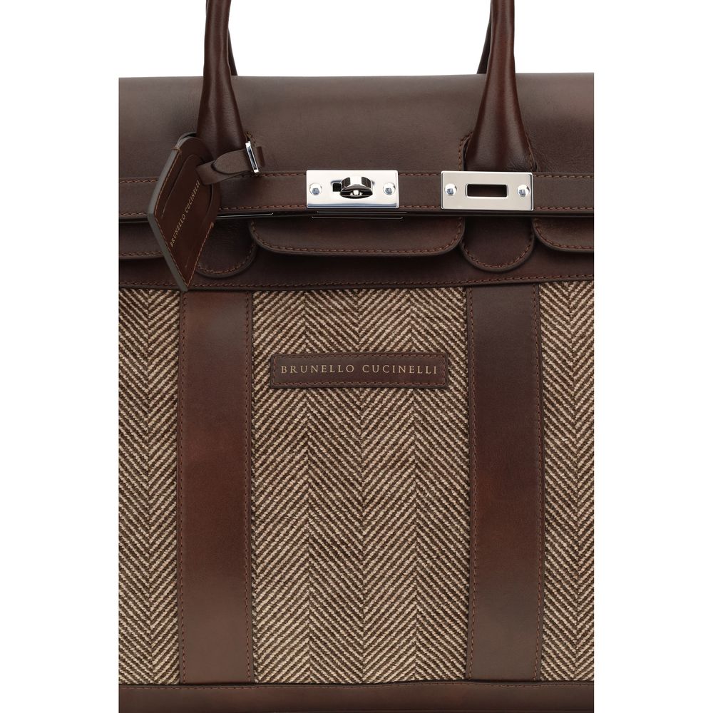 Brunello Cucinelli Country Bag - Burnished Calfskin and Chevron-Effect Techno Fabric