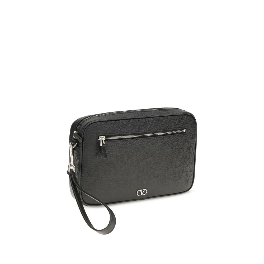 Valentino Garavani VLogo Zip Top Clutch Bag - Black Grained Leather