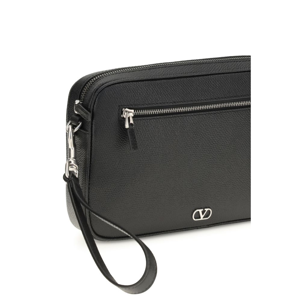 Valentino Garavani VLogo Zip Top Clutch Bag - Black Grained Leather