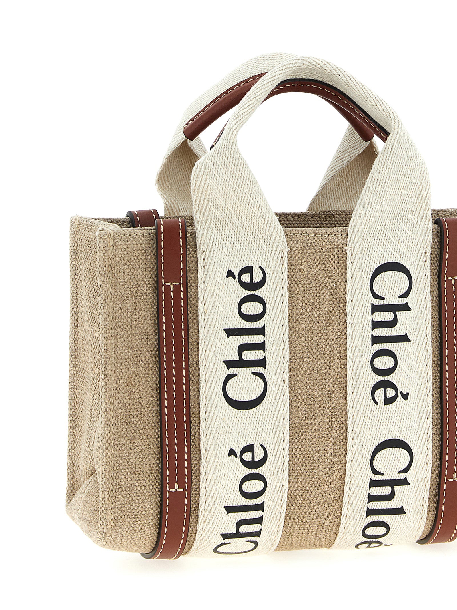 Chloé Woody Mini Tote Bag in Linen - White and Brown