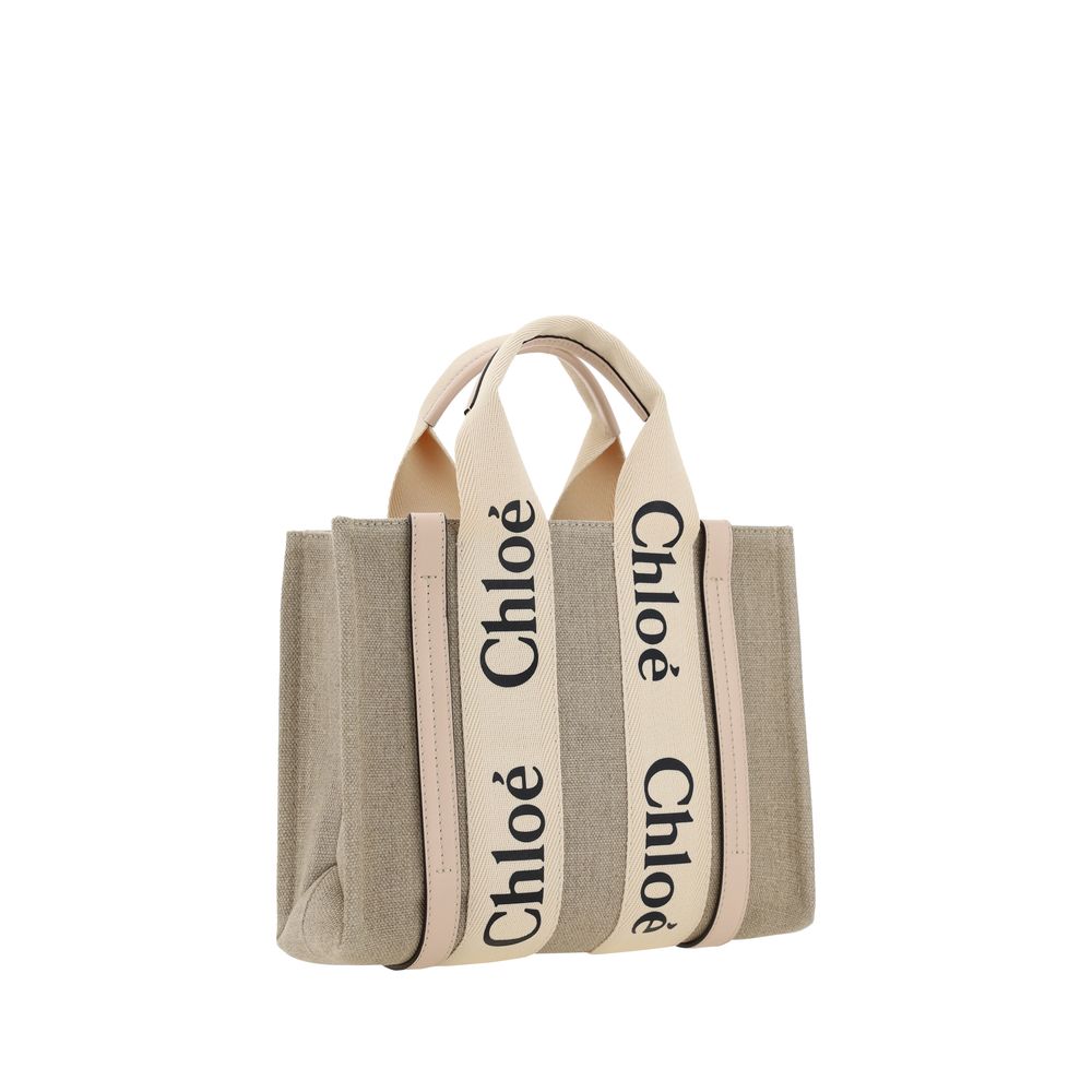 Chloé Woody Small Tote Bag in Linen - Cement Pink