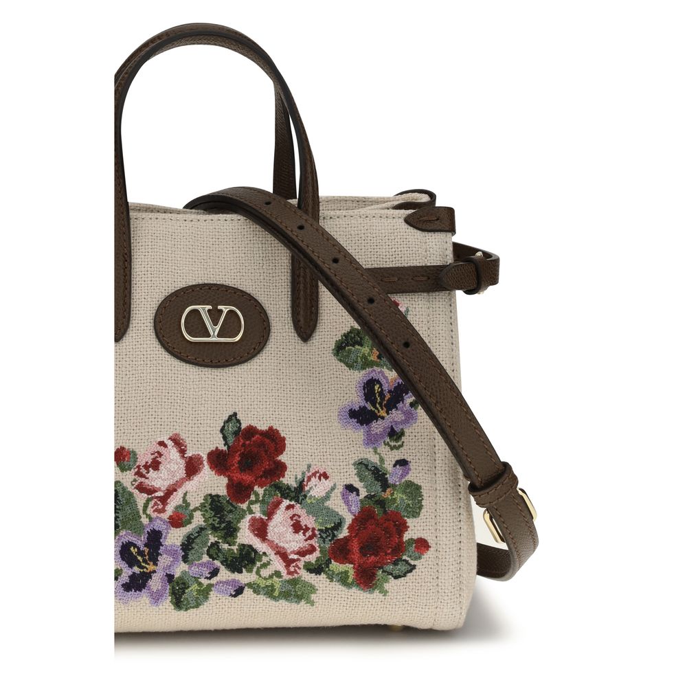 Valentino Garavani Antibes Small Embroidered Linen Shopping Bag - Ecru