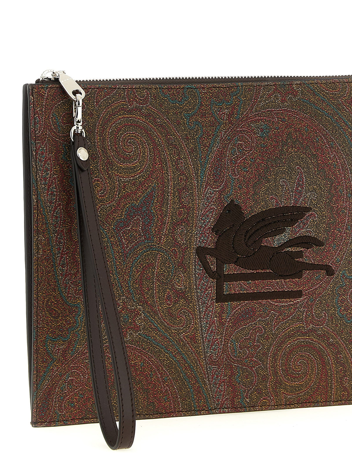 Etro Arnica Large Pouch with Pegaso Detail - Brown Paisley Jacquard Fabric