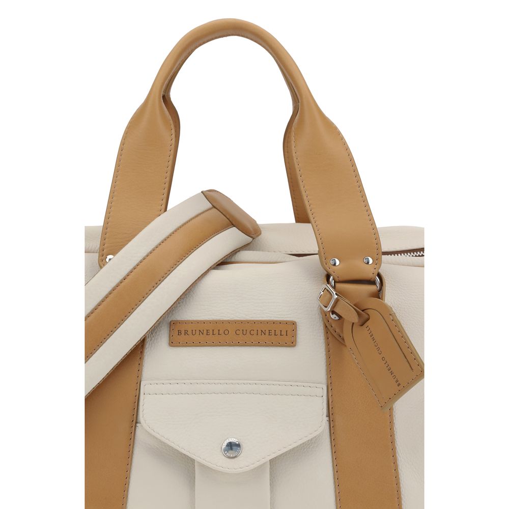 Brunello Cucinelli Grained Calfskin and Cowhide Street Bag - Ivory