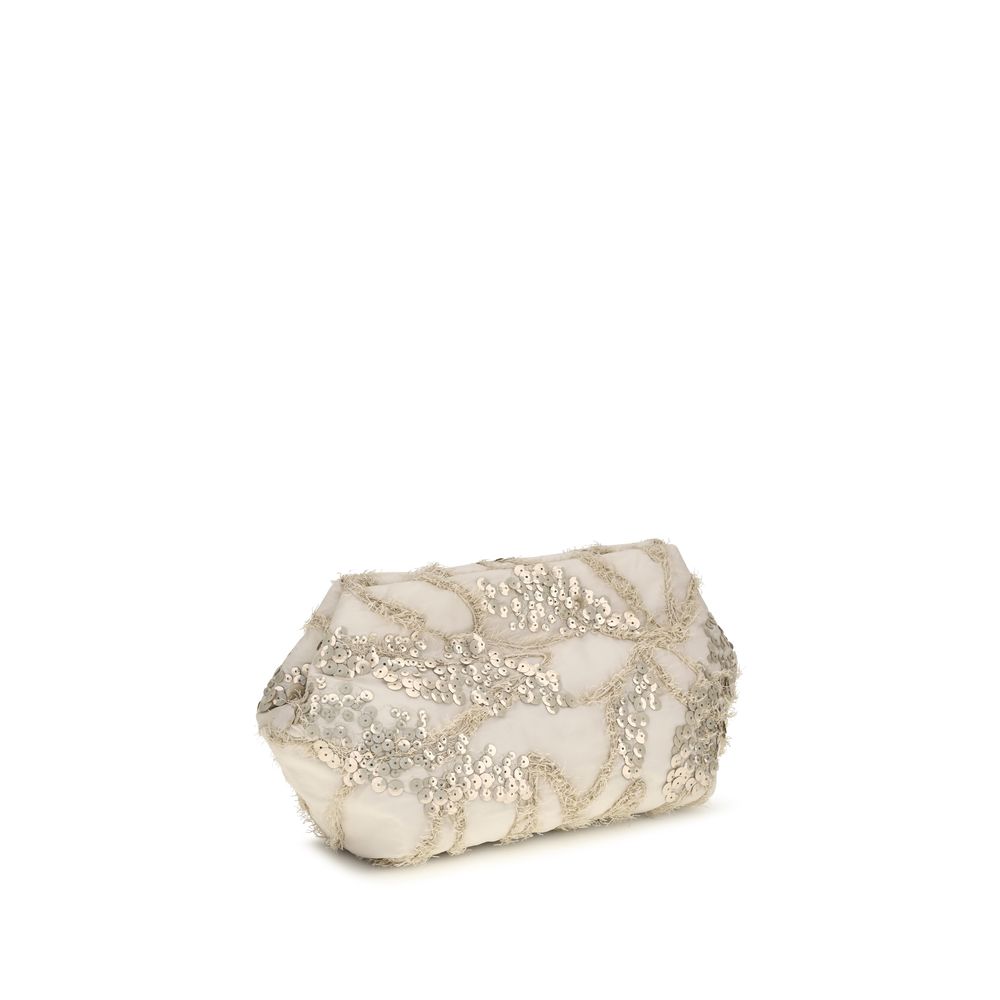 Brunello Cucinelli Silk Organza Pouch Bag with Seabed Embroidery - Beige