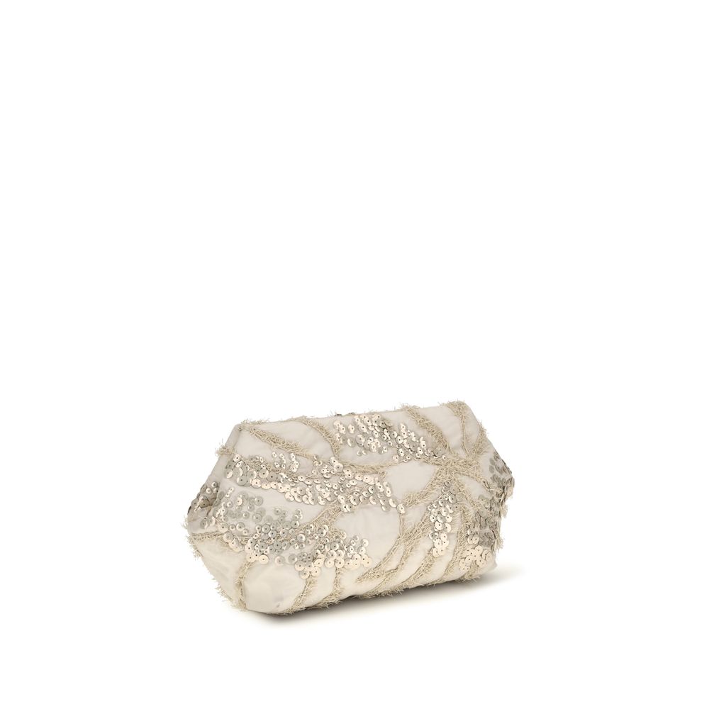 Brunello Cucinelli Silk Organza Pouch Bag with Seabed Embroidery - Beige