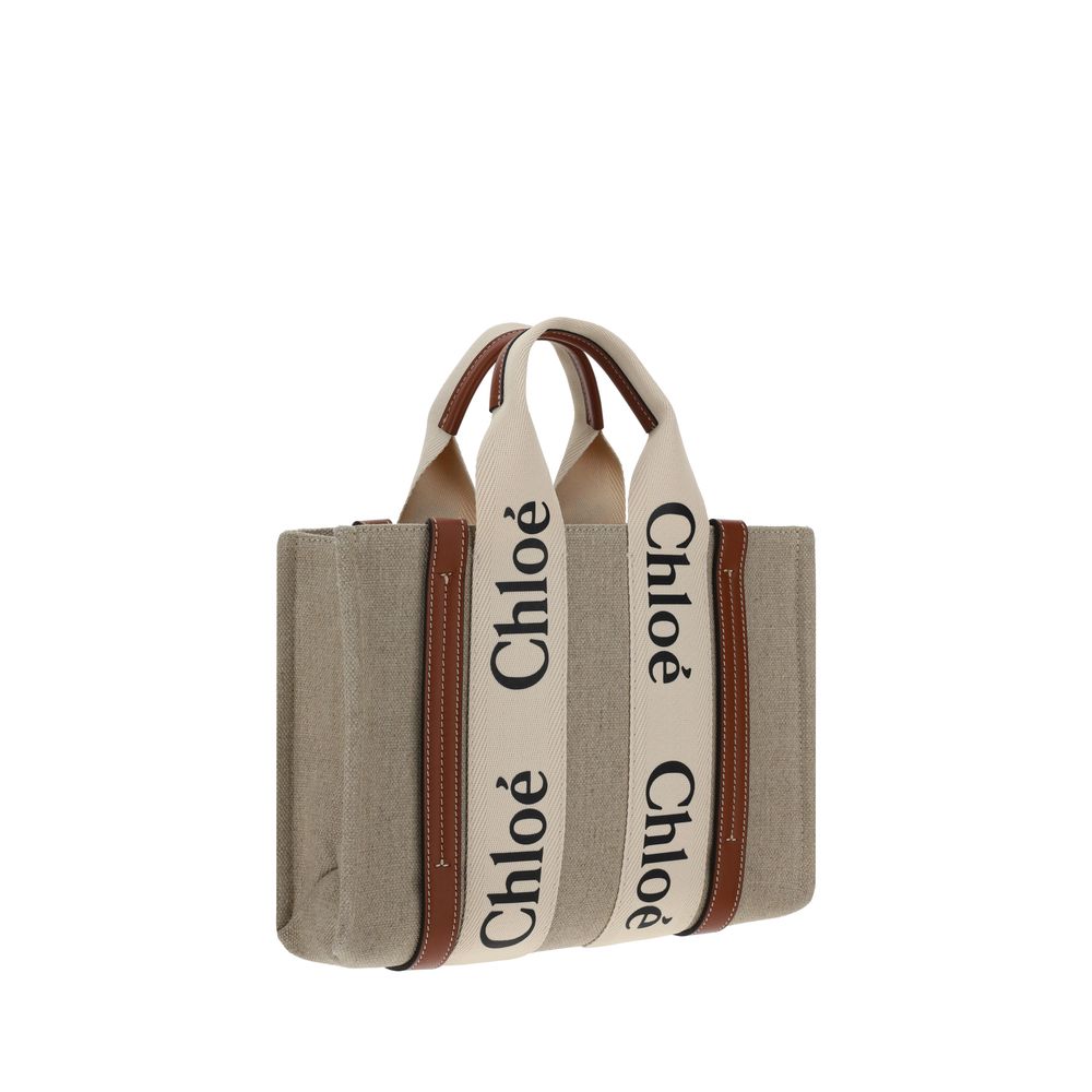 Chloé Woody Small Tote Bag in Linen - White and Brown