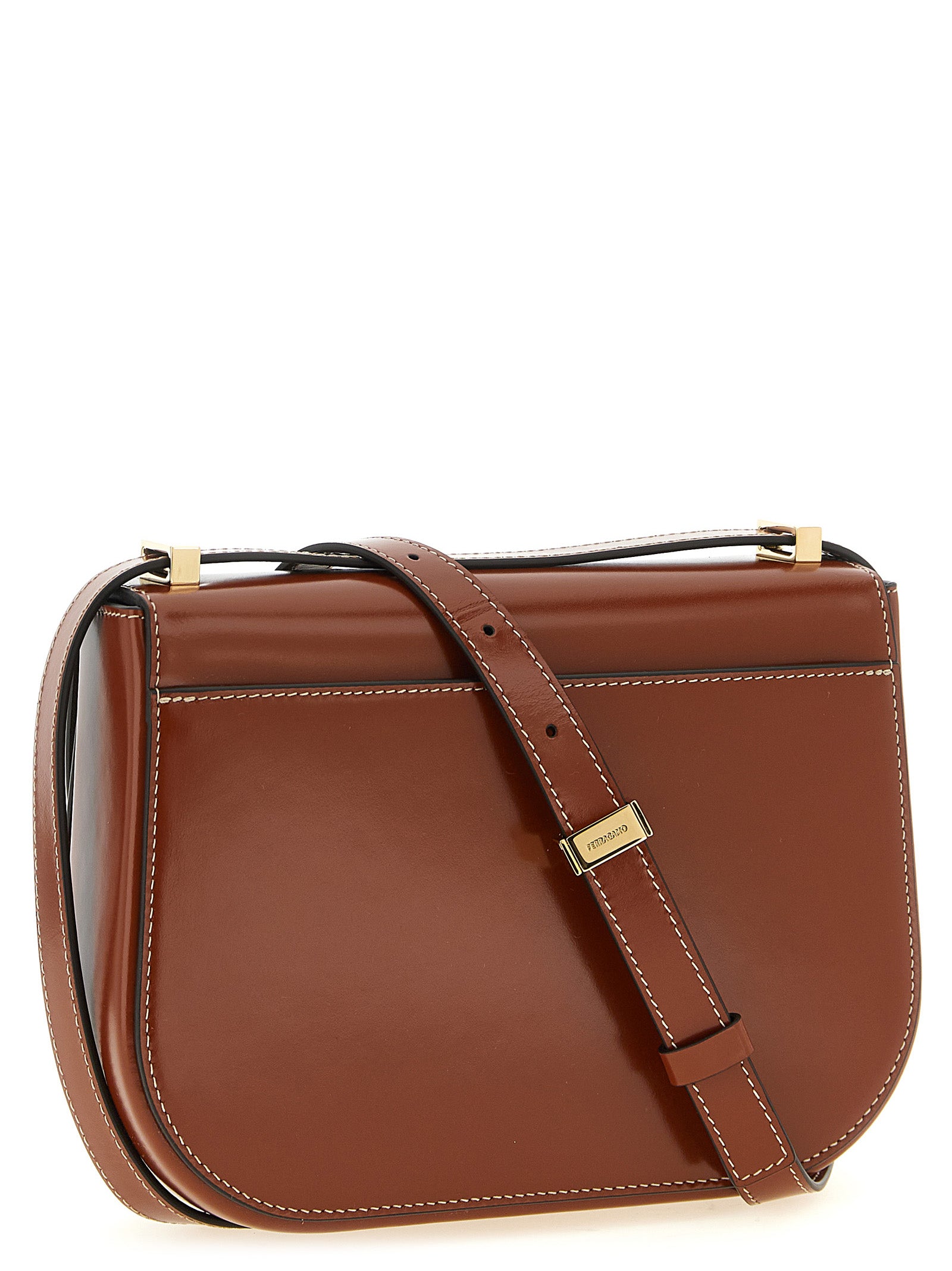 Ferragamo Double Gancini North-South Crossbody Bag - Dark Cognac