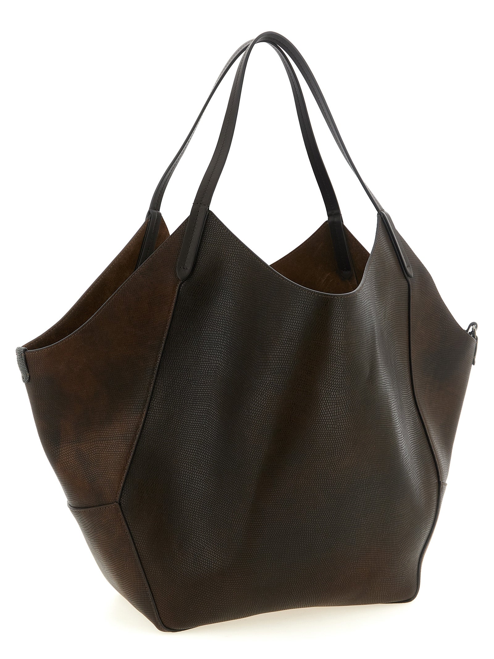 Brunello Cucinelli Reversible Duo Shopper - Rust Brown Lizard-Effect Calfskin