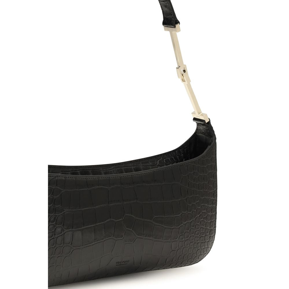 Tom Ford Arc Small Shoulder Bag - Black Tumbled Printed Crocodile Leather