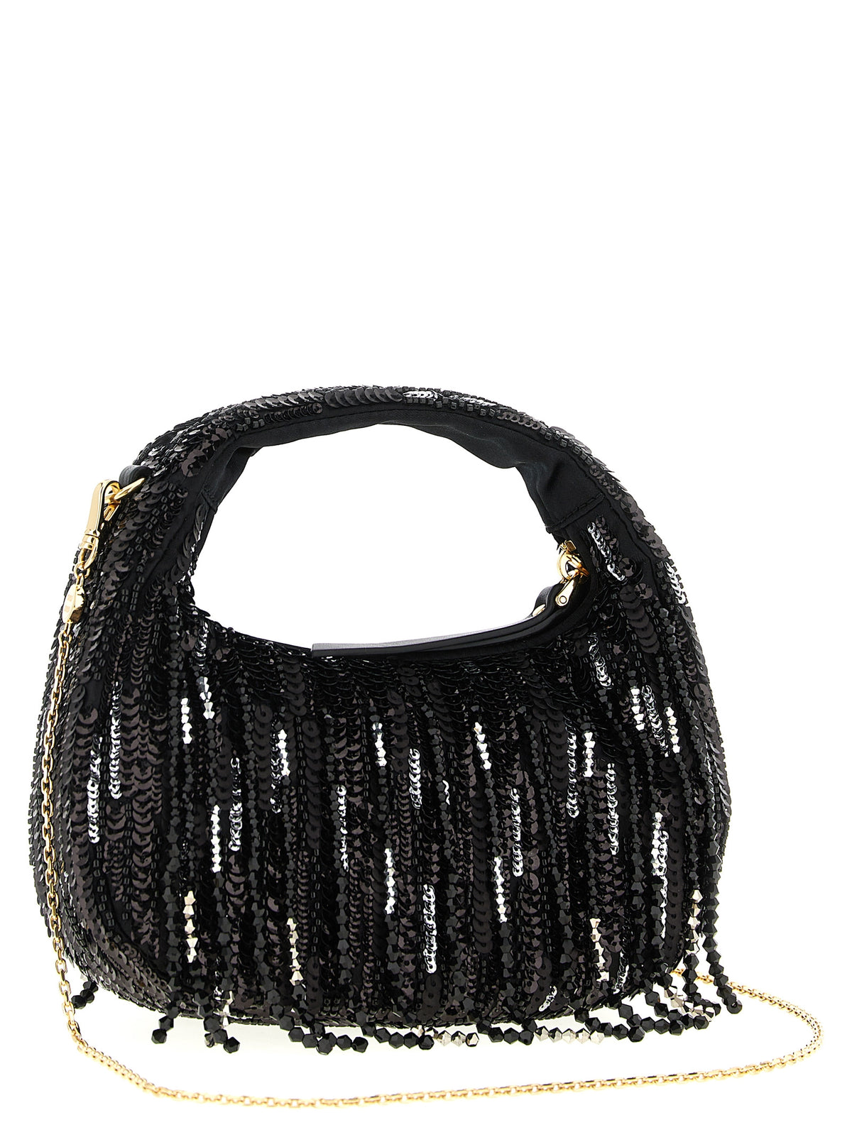 Miu Miu Wander Mini Bag in Satin with Crystal and Sequin Fringes - Black