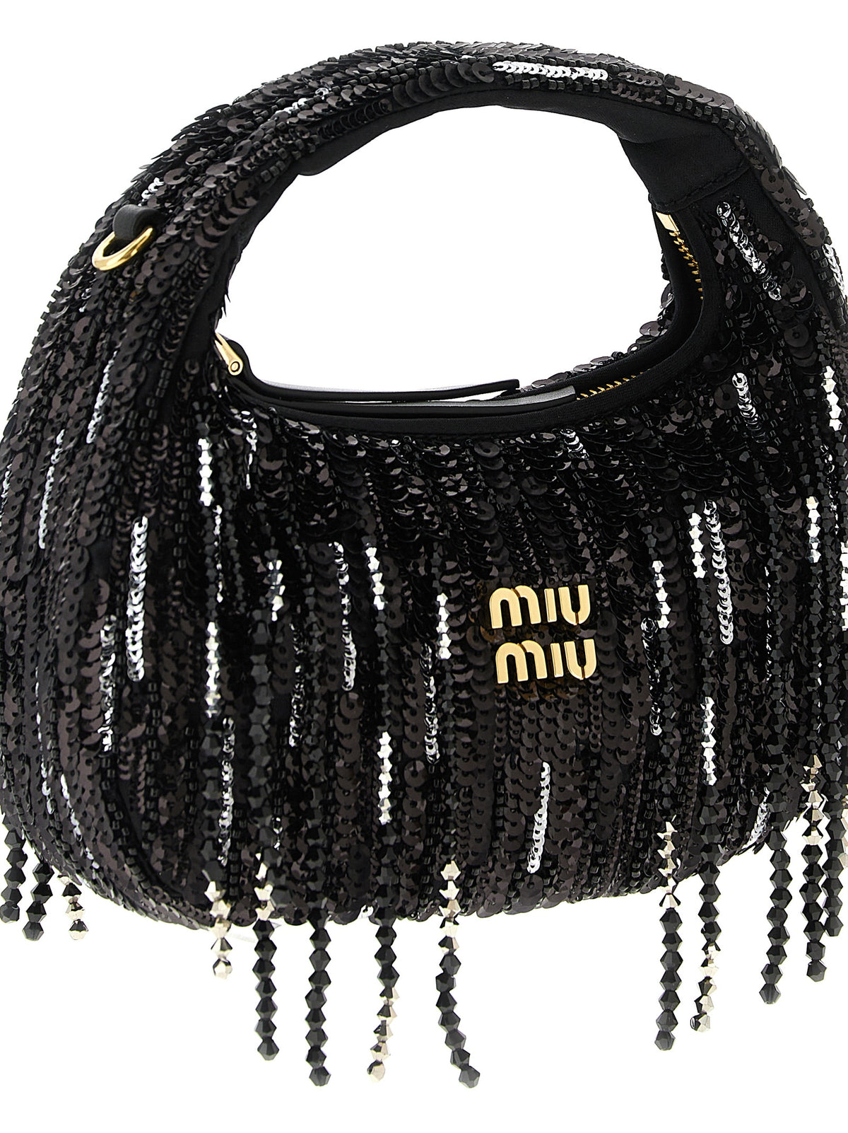 Miu Miu Wander Mini Bag in Satin with Crystal and Sequin Fringes - Black
