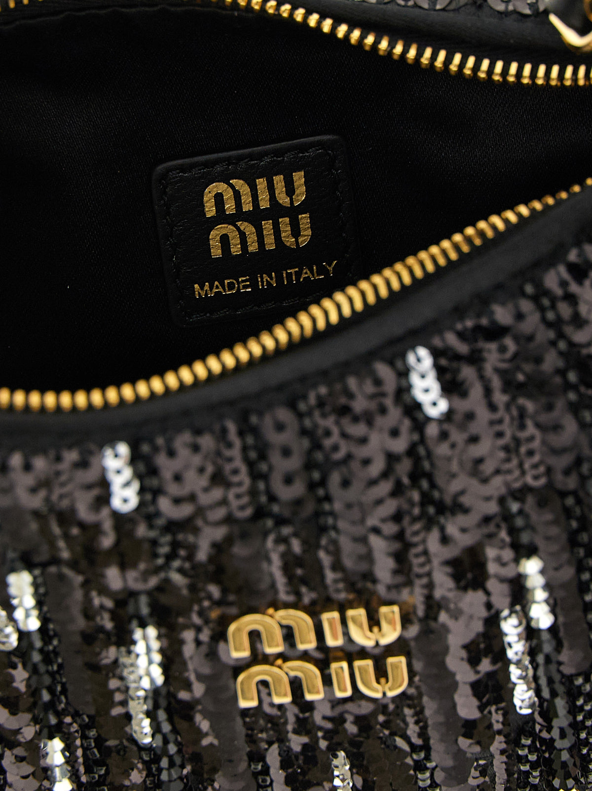 Miu Miu Wander Mini Bag in Satin with Crystal and Sequin Fringes - Black