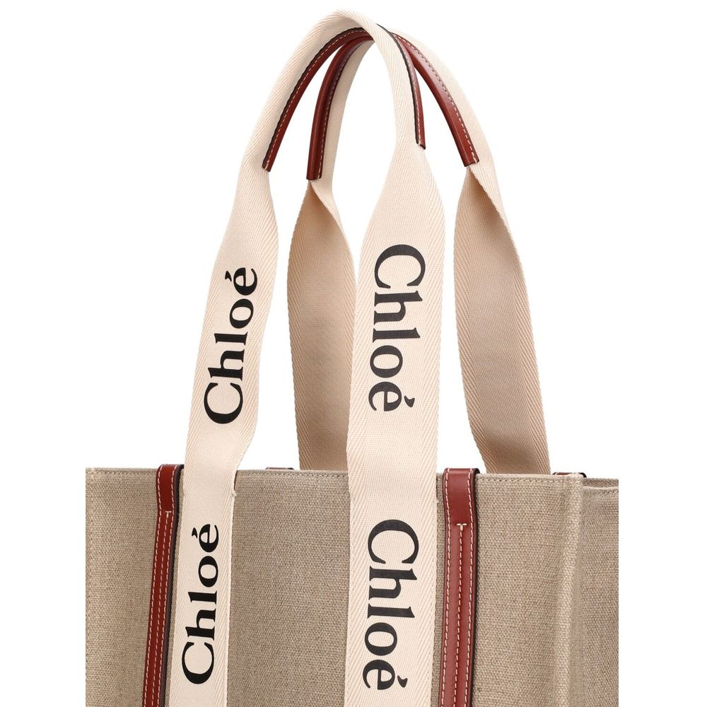 Chloé Woody Tote Bag in Linen - Cream and Light Brown