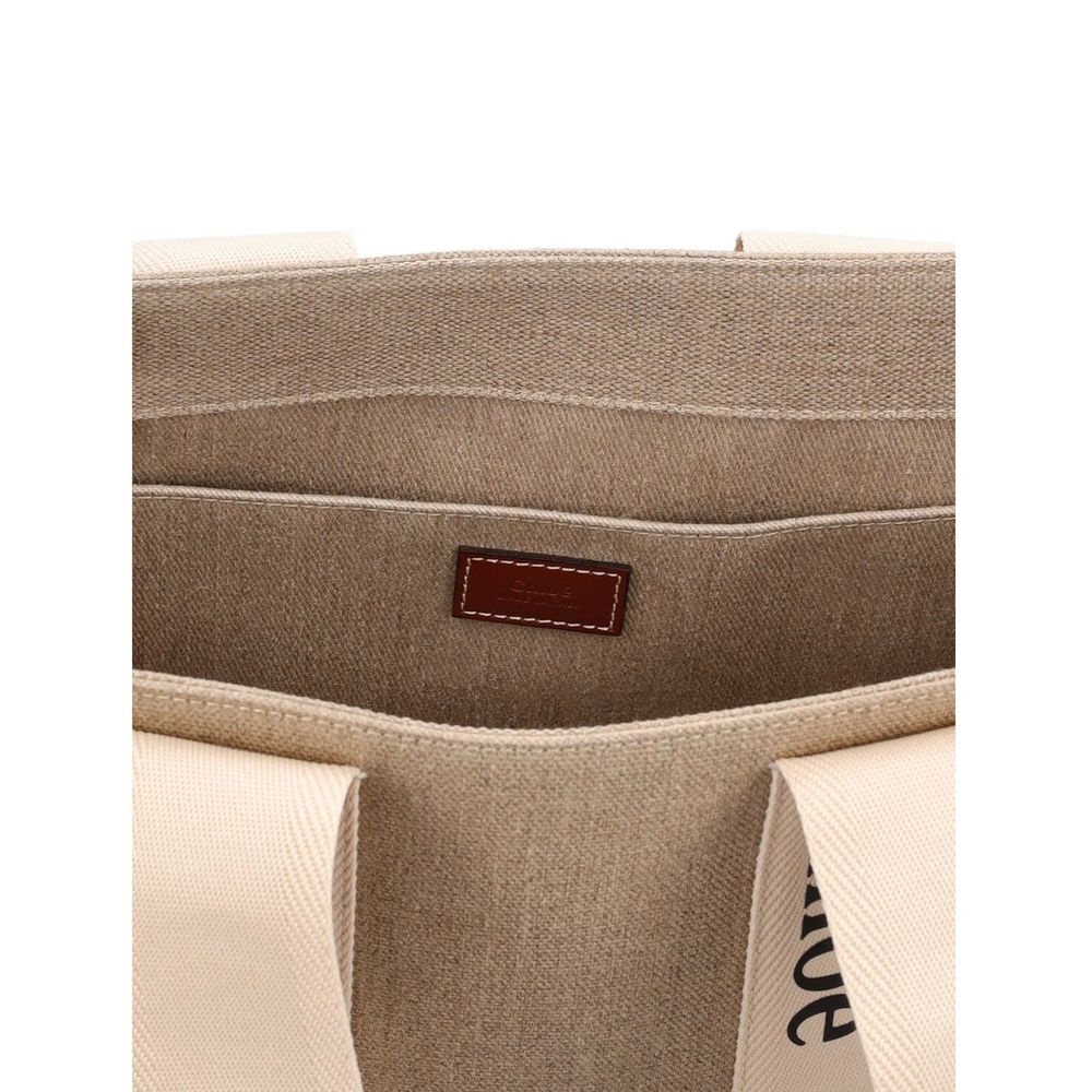Chloé Woody Tote Bag in Linen - Cream and Light Brown
