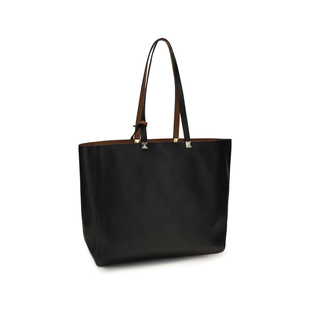 Valentino Garavani Rockstud Reversible Elk Print Calfskin Tote - Black / Saddle Brown