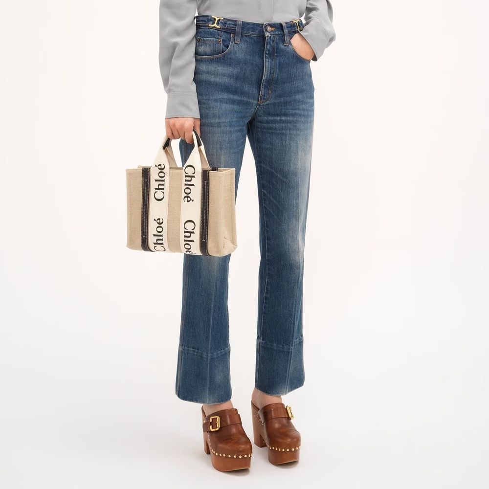 Chloé Woody Small Tote Bag in Linen - White and Blue