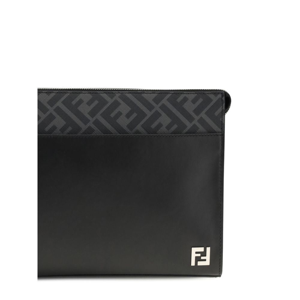 Fendi FF Squared Clutch - Black Leather & Black FF Canvas Pouch