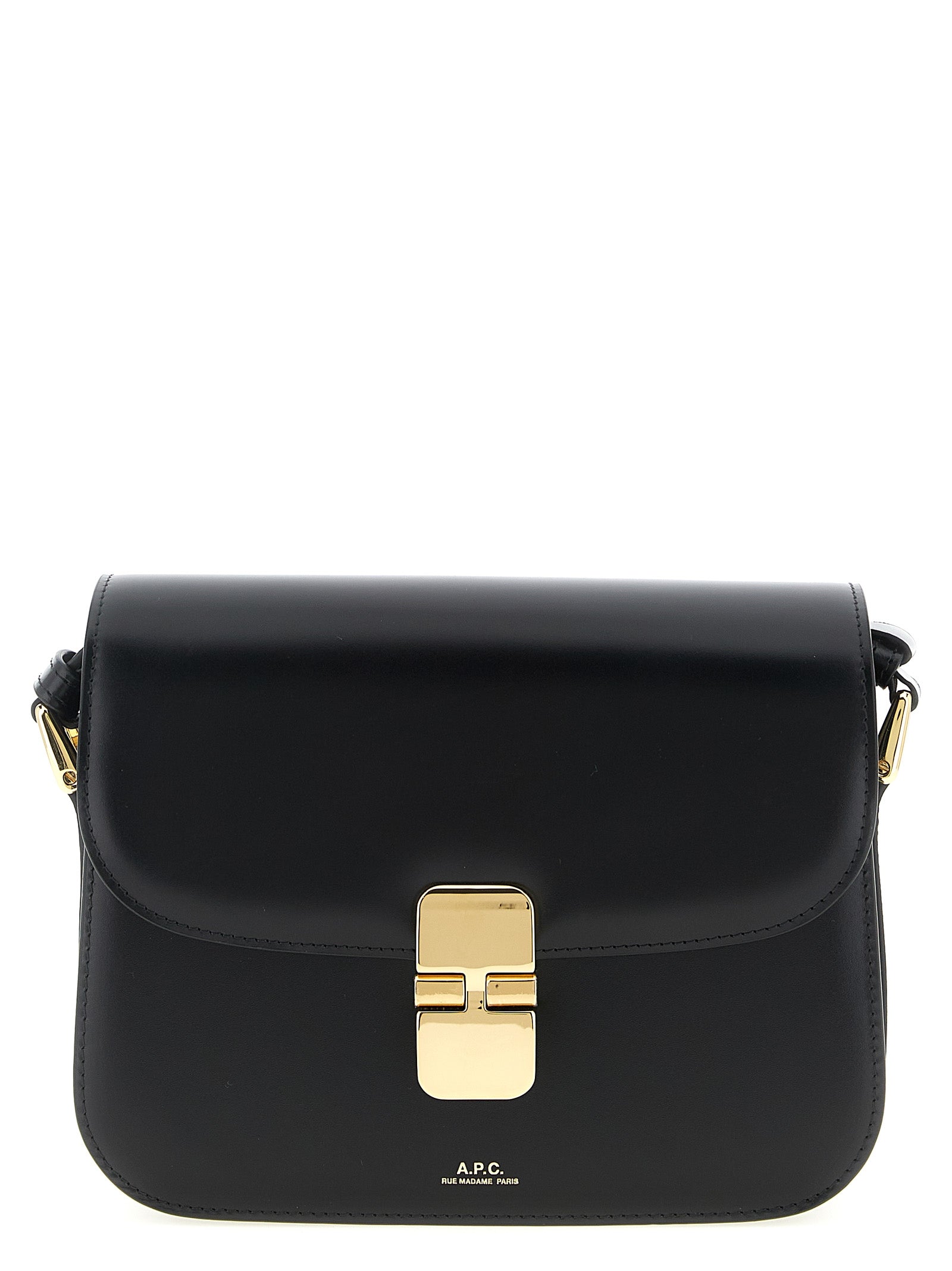 A.P.C. Grace Small bag in black leather with gold-tone hardware clasp closure from The Exclusive Line Singapore.
