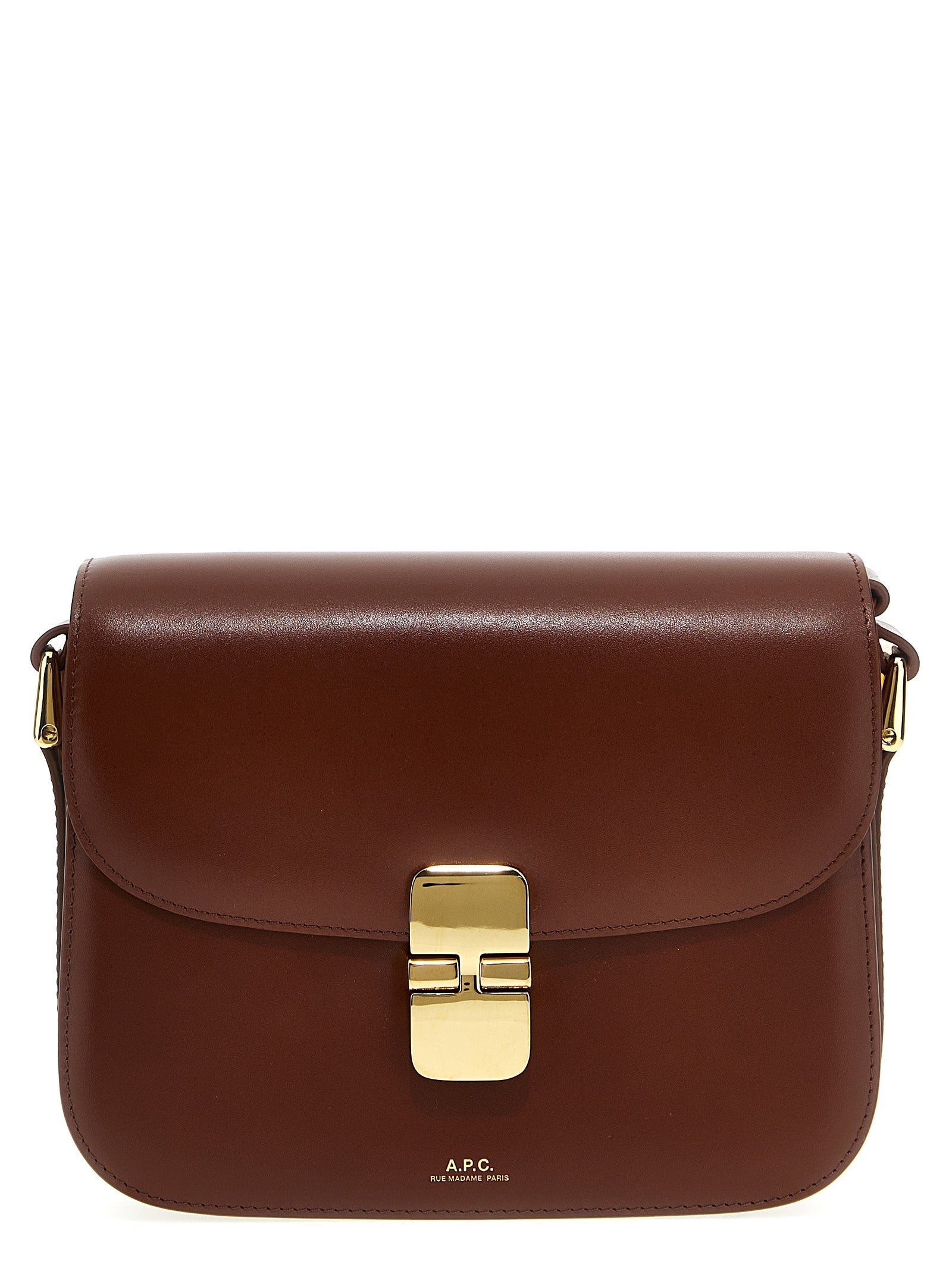 A.P.C. Grace Small bag in brownie leather with gold-tone hardware clasp closure from The Exclusive Line Singapore.