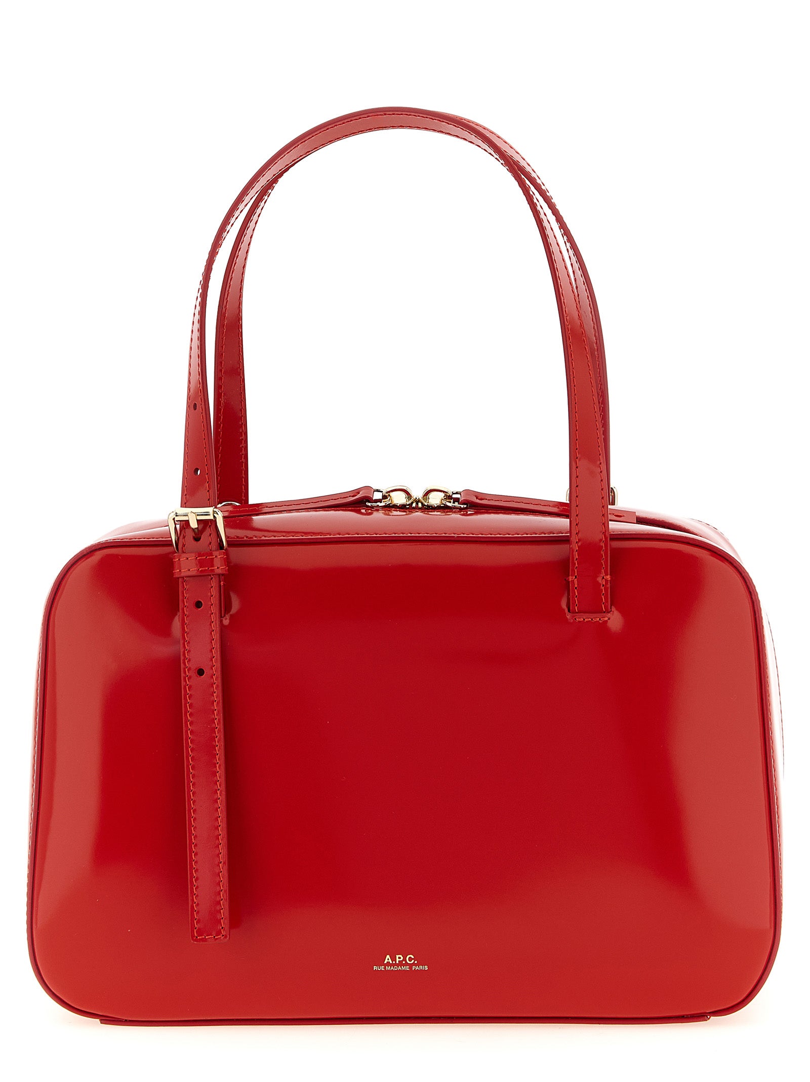 A.P.C. Virginie Horizontal Box bag in bright red glazed leather with double top handles and gold-tone hardware details from The Exclusive Line Singapore.