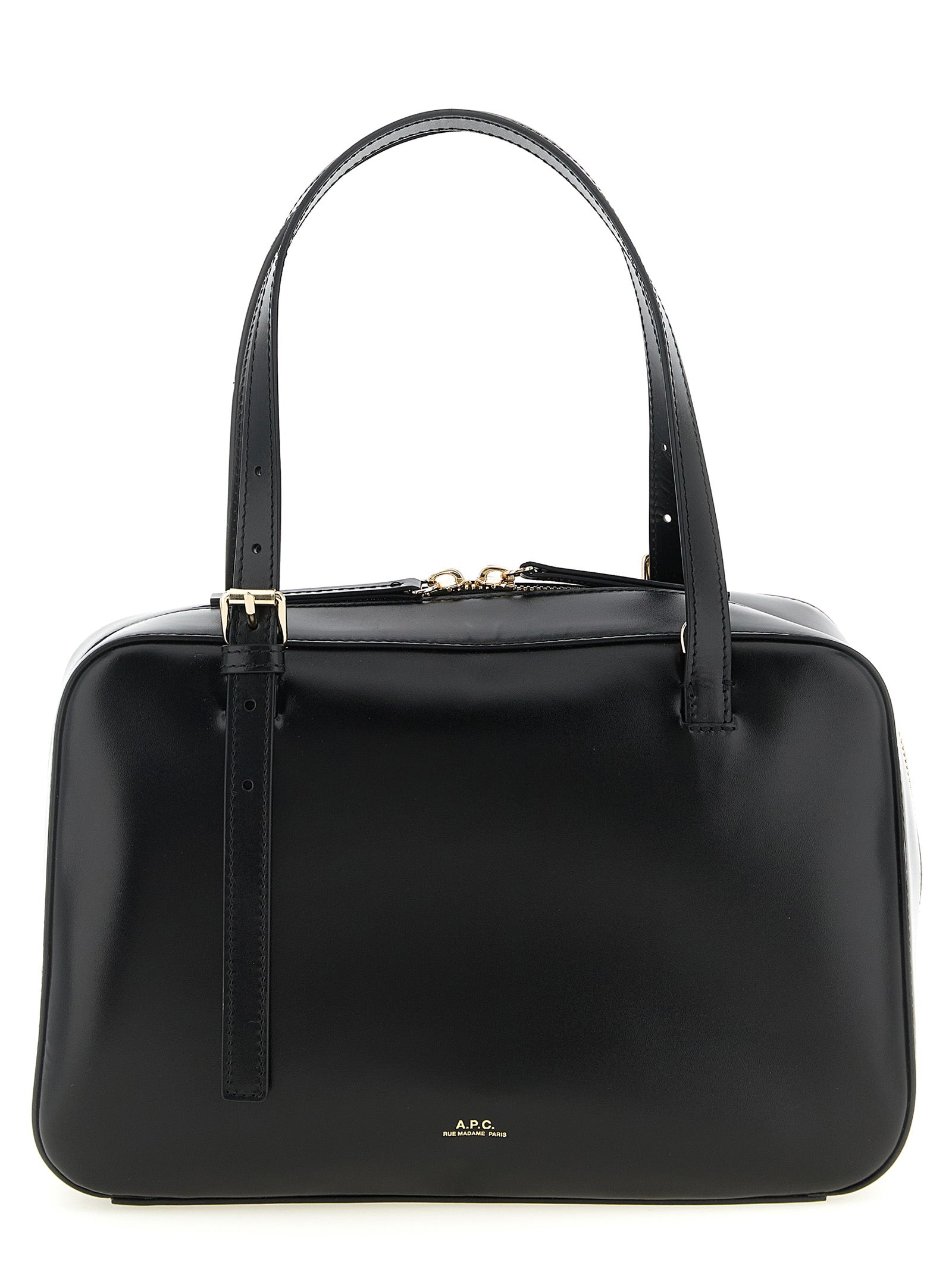A.P.C. Virginie Horizontal Box Bag in smooth black leather with gold hardware and adjustable straps from The Exclusive Line Singapore.