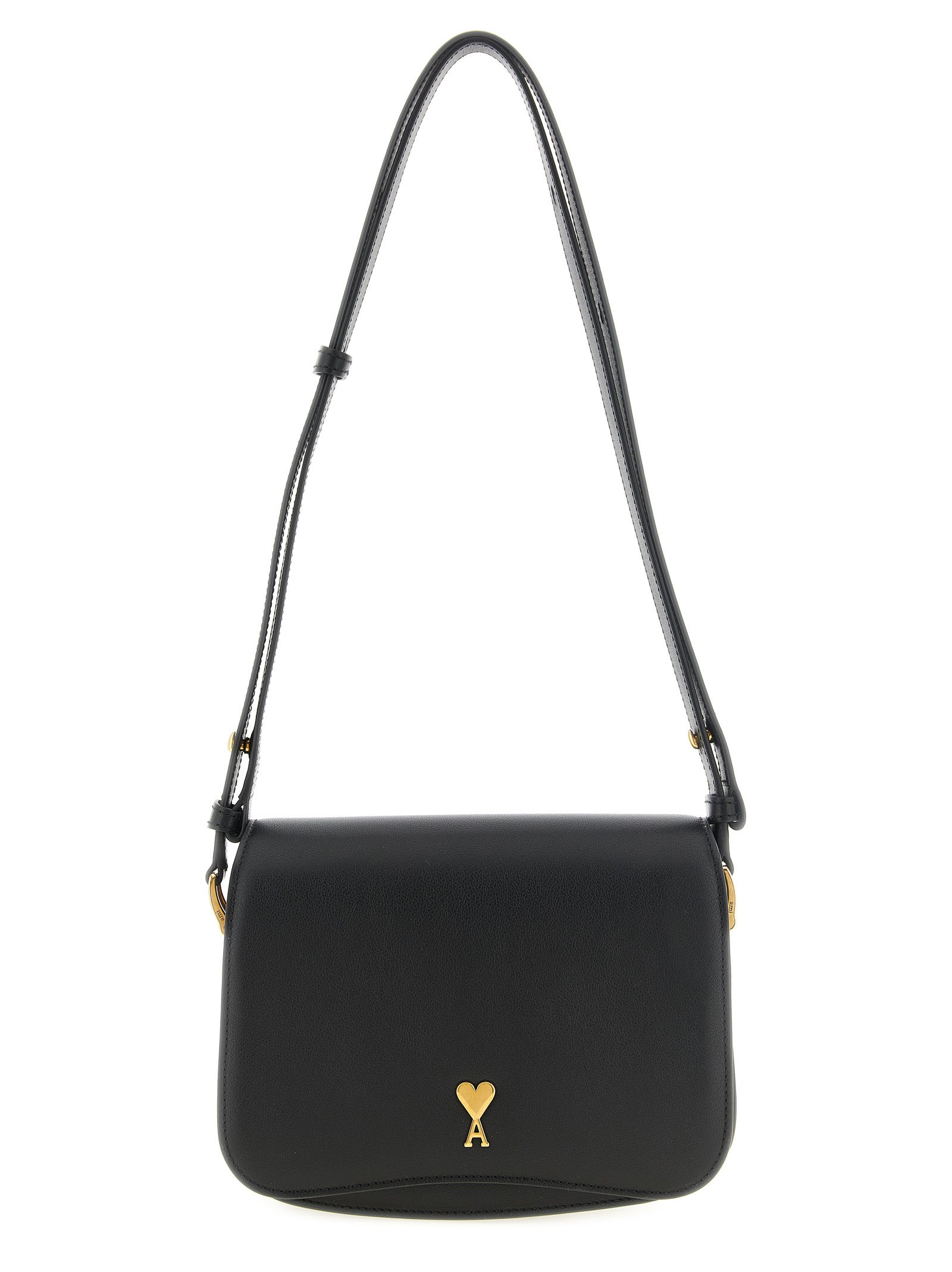 Ami Paris Paris Bag in black grained leather with brass hardware and adjustable strap – The Exclusive Line Singapore