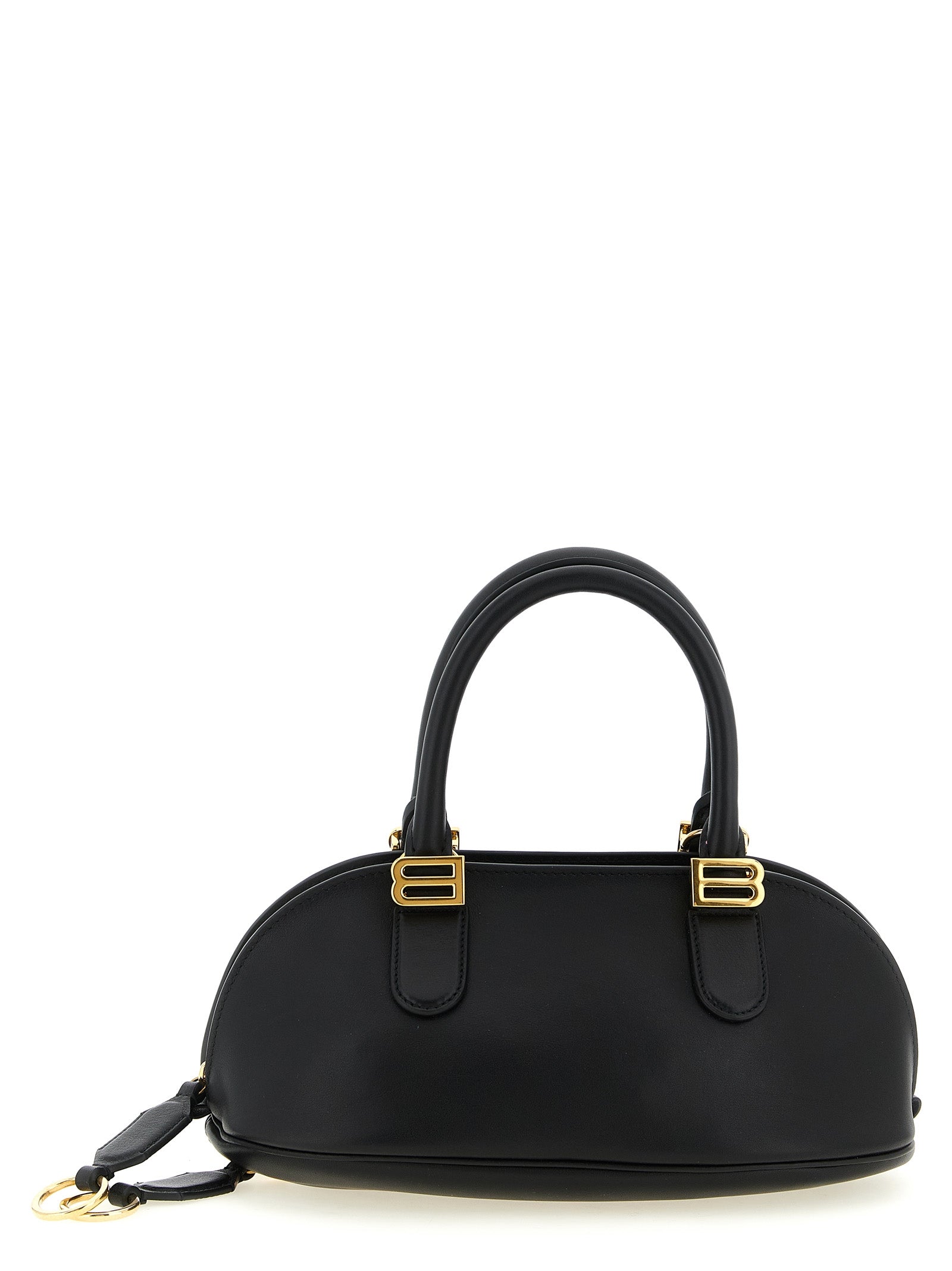 Balenciaga Mini Bolero Bowling Bag in black smooth calfskin leather featuring aged-gold B logo hardware, front view.