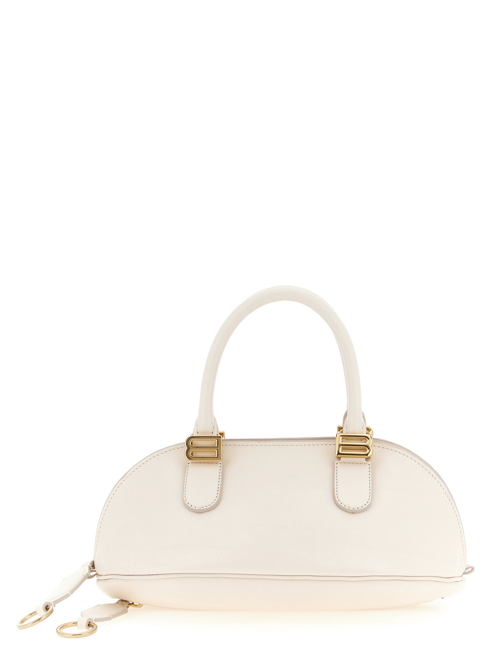 Balenciaga Mini Bolero Bowling Bag in cream smooth calfskin leather featuring aged-gold B logo hardware, front view.