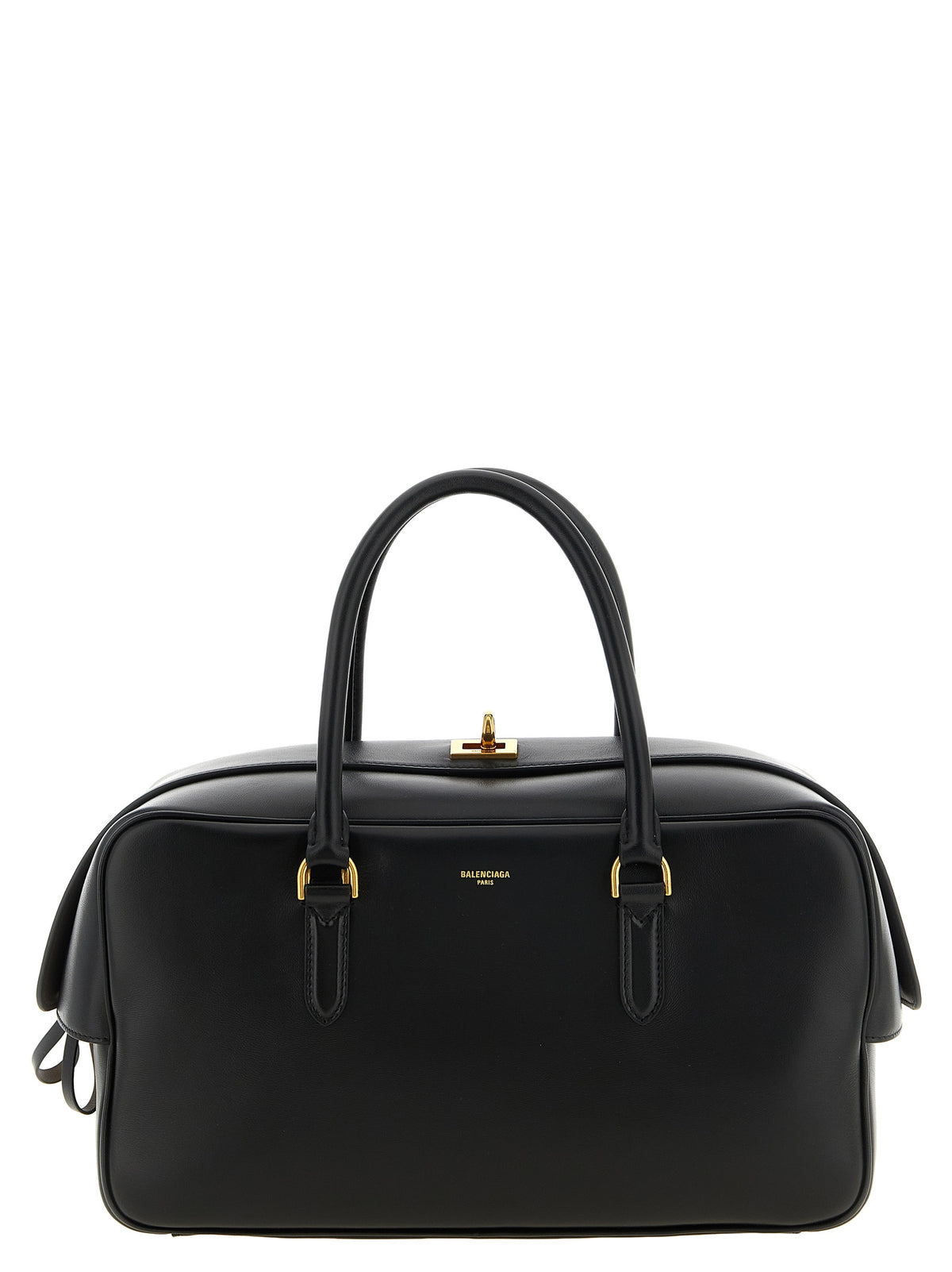 Balenciaga Le 7 Medium Bowling bag in black smooth lambskin featuring aged-gold turn-lock closure and dual top handles.