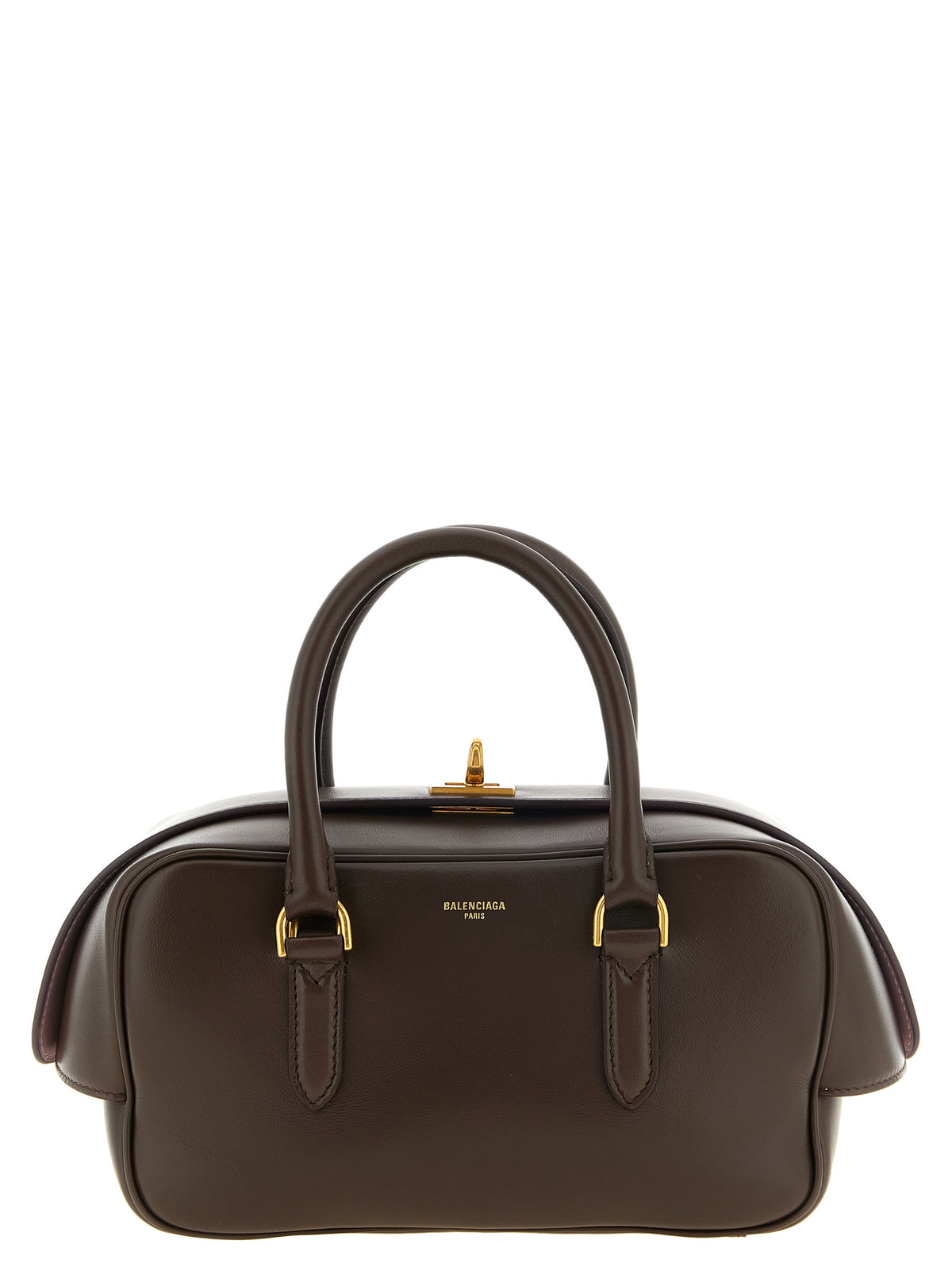 Balenciaga Le 7 Small Bowling bag in muscade smooth lambskin with aged-gold turn-lock hardware and dual top handles.