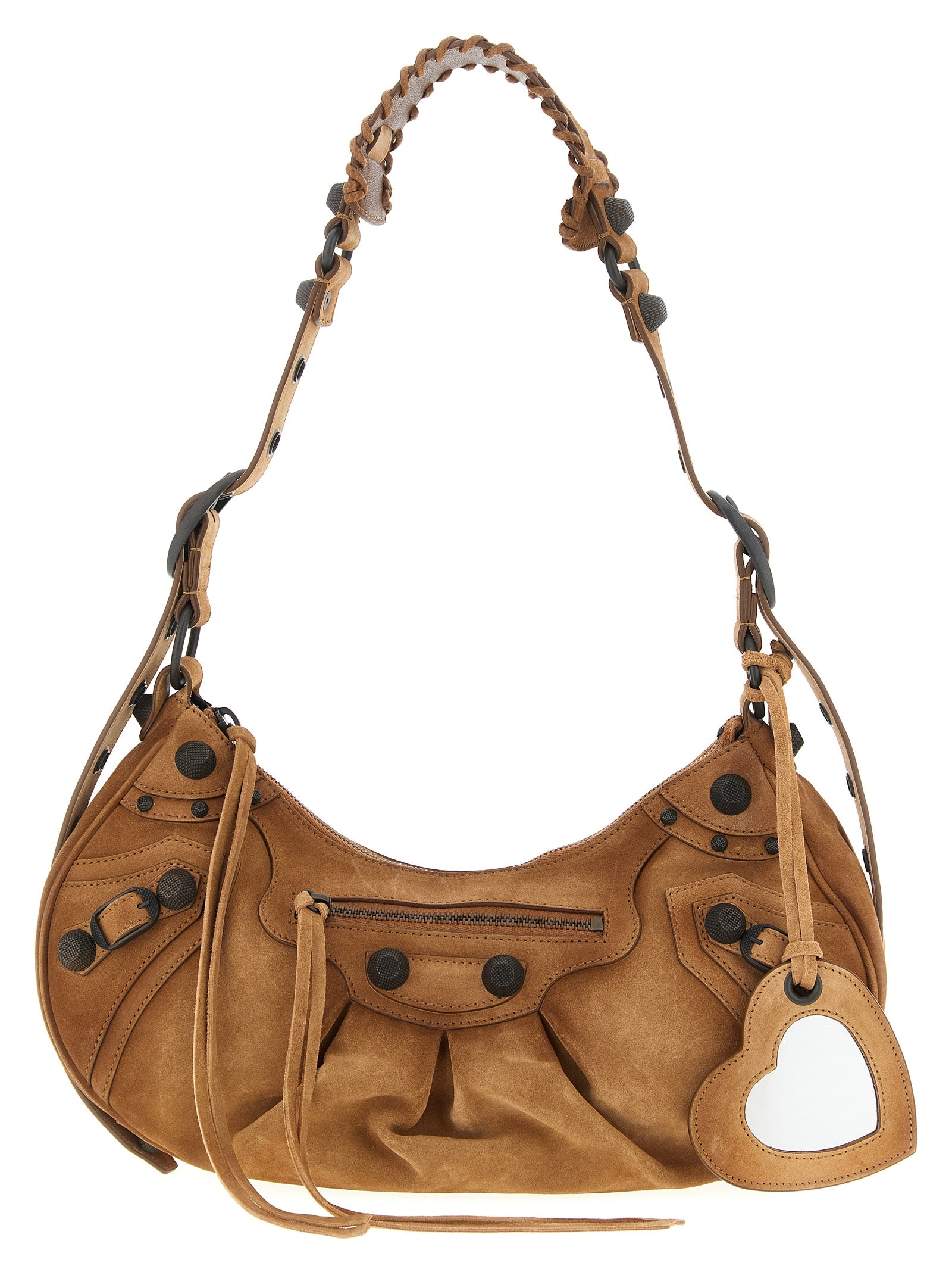 Balenciaga Le Cagole Shoulder Bag Small in camel waxed suede calfskin featuring vintage-style brass hardware, a braided shoulder pad, and a hanging heart mirror from The Exclusive Line Singapore.